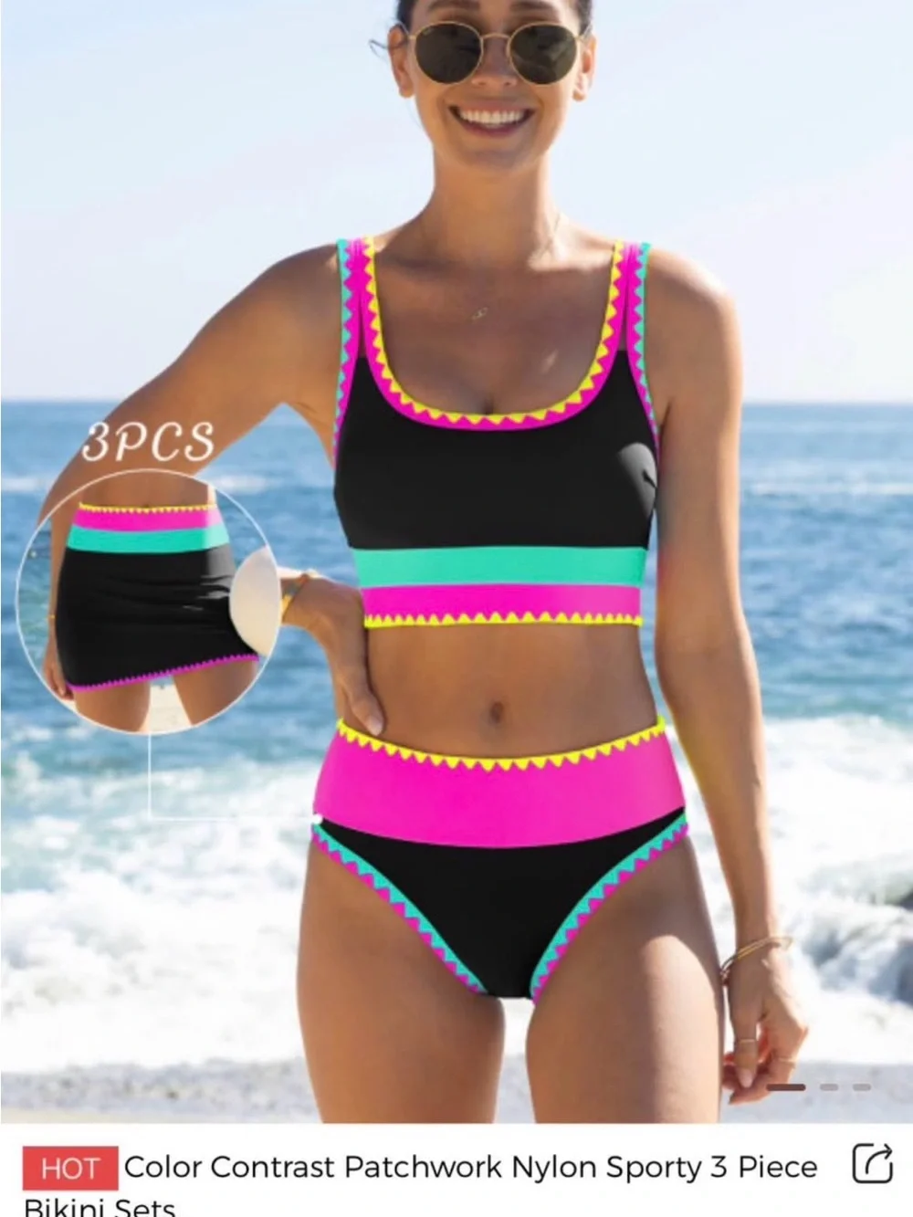 Sporty Contrast Trim 3-Piece Bikini Set - Black with Pink & Aqua Accents